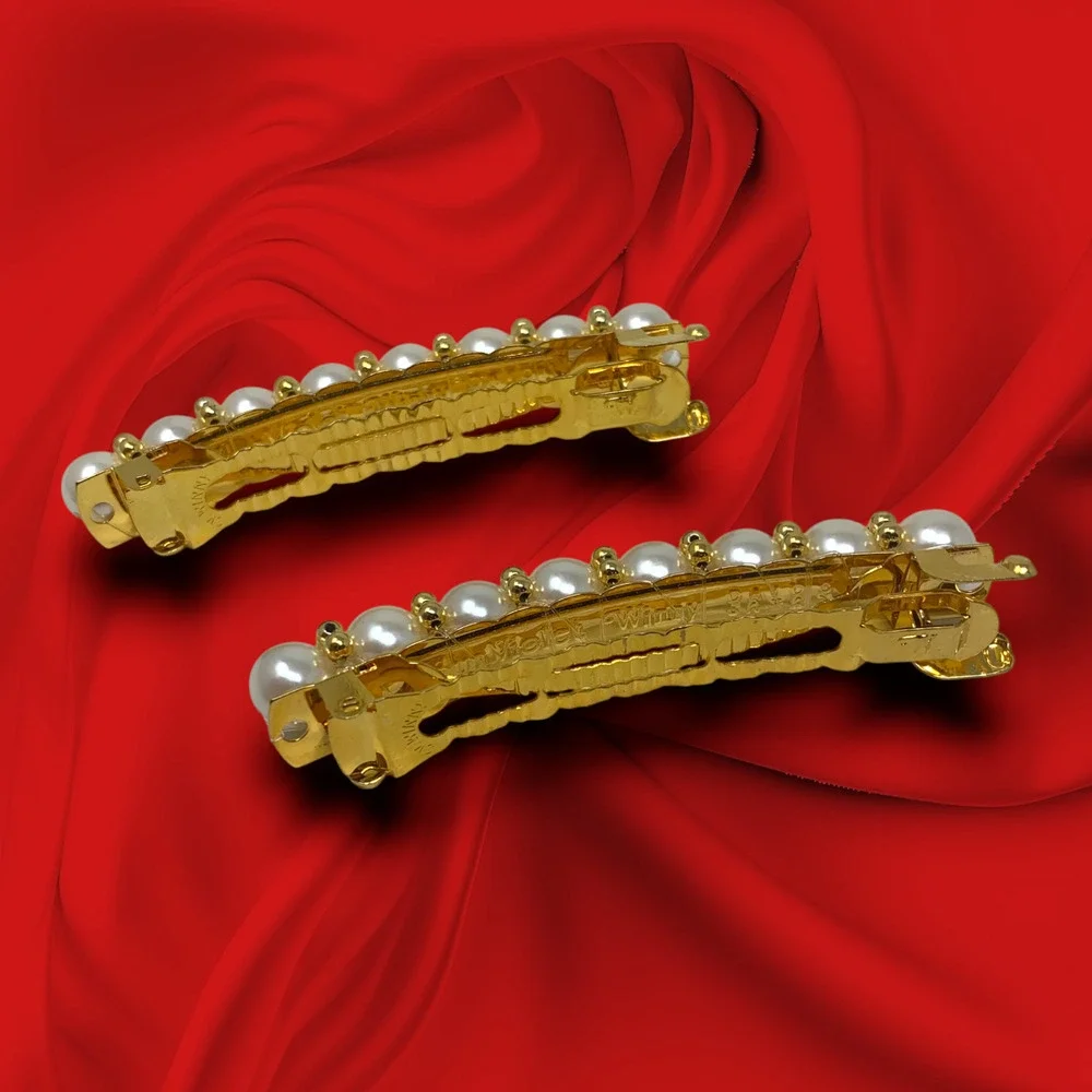 Lot 2 x 1980's Vintage Sun Violet Winny Barrettes Gold Tone Faux Pearl Japan